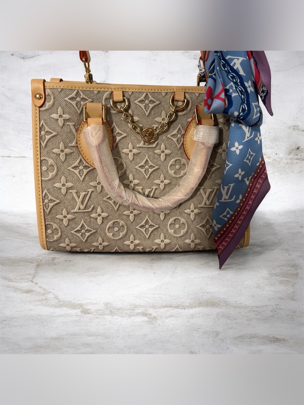 New🌟 Inspired Beige Monogram Satchel with Multi color scarf, with wallet